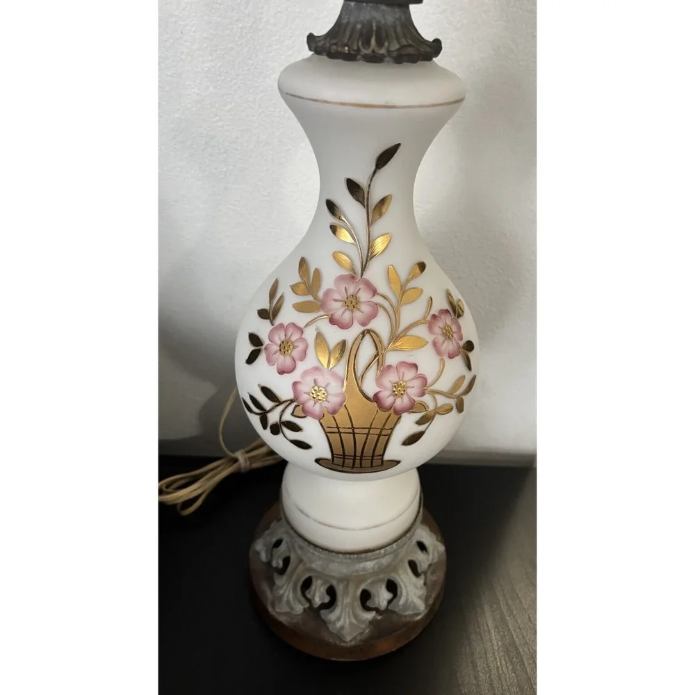 Antique West Germany Satin Glass Lamp Hand Painted Floral‎